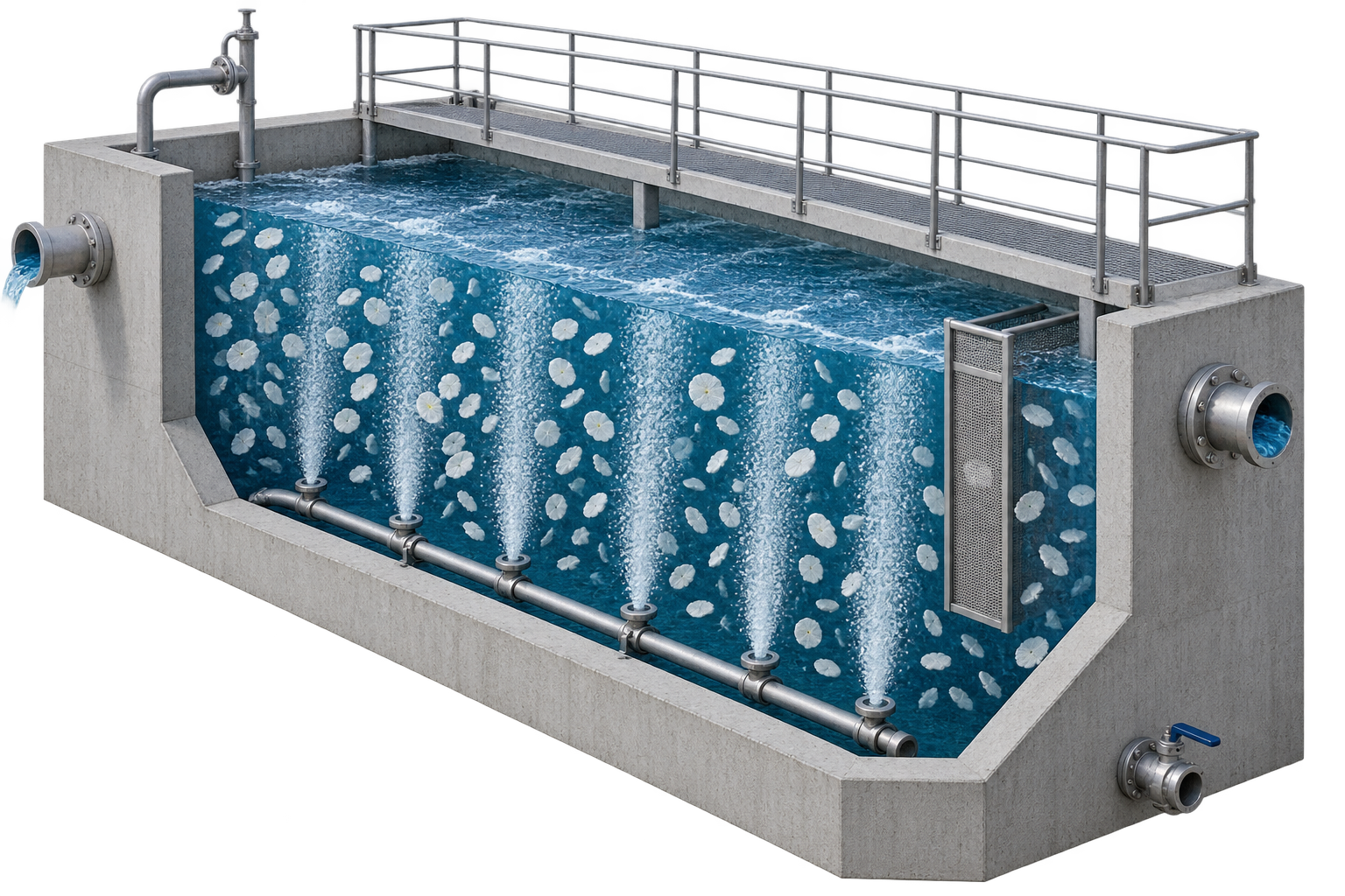 Concrete MBBR basin with aeration diffusers, suspended media and outlet-retention screen
